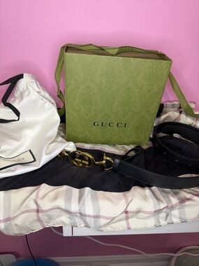 Gucci Black Leather Belt with Gold Double G Hardware with horse bit!